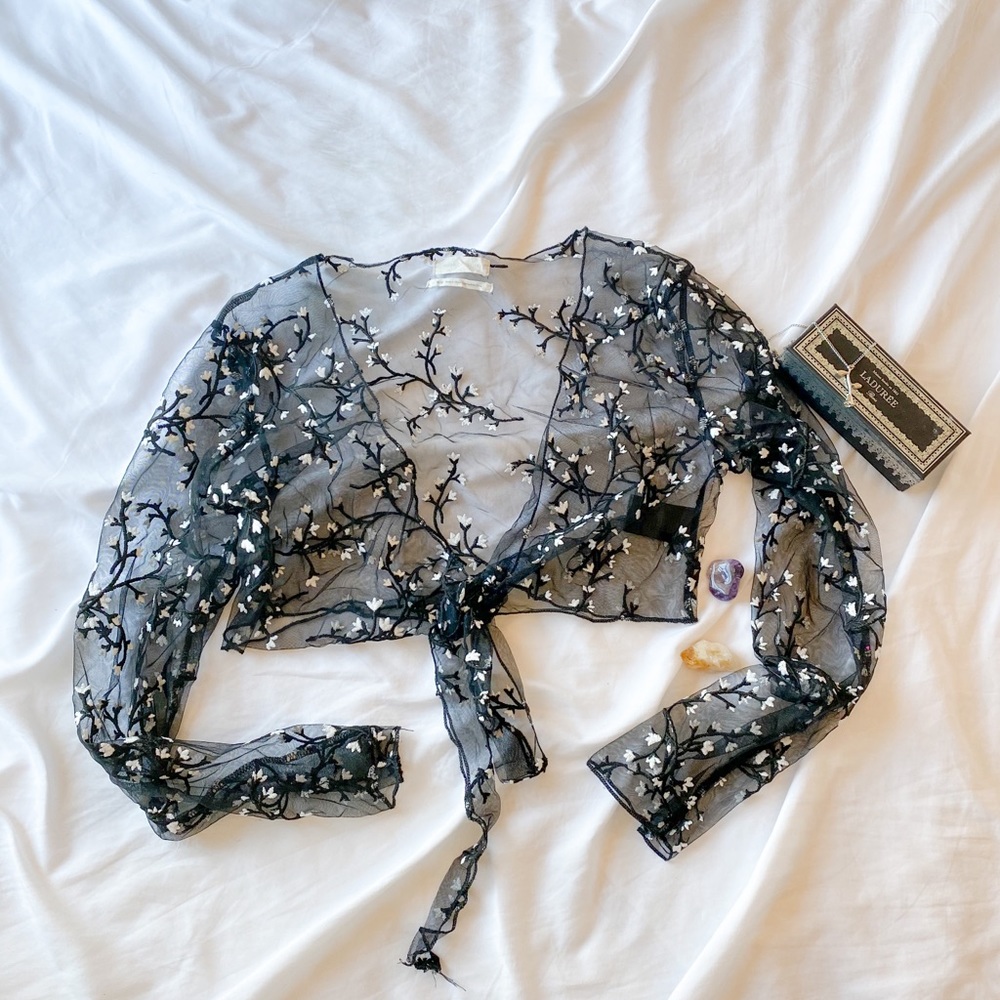 UO Maura Sheer Embroidered Tie Front Top
